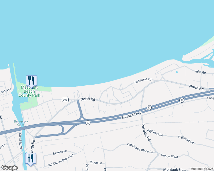 map of restaurants, bars, coffee shops, grocery stores, and more near 2 Oakhurst Road in Hampton Bays