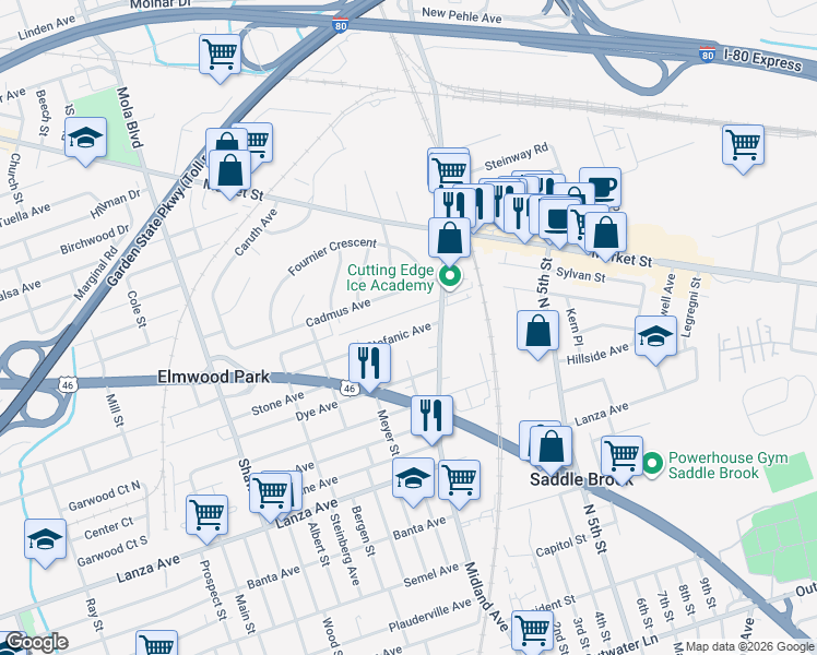 map of restaurants, bars, coffee shops, grocery stores, and more near 174 Stefanic Avenue in Elmwood Park