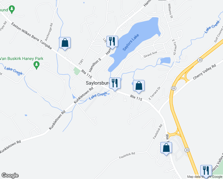 map of restaurants, bars, coffee shops, grocery stores, and more near Wilkes Barre Turnpike in Saylorsburg