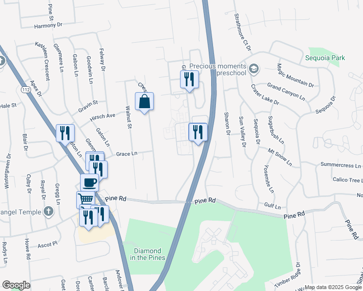 map of restaurants, bars, coffee shops, grocery stores, and more near 25 El Camino Court in Coram