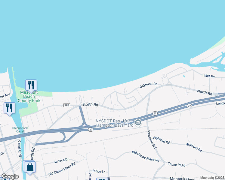 map of restaurants, bars, coffee shops, grocery stores, and more near 15 Oakhurst Road in Hampton Bays