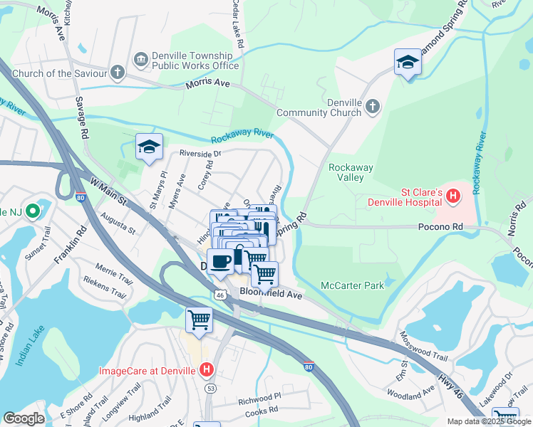 map of restaurants, bars, coffee shops, grocery stores, and more near 7 Orchard Street in Denville