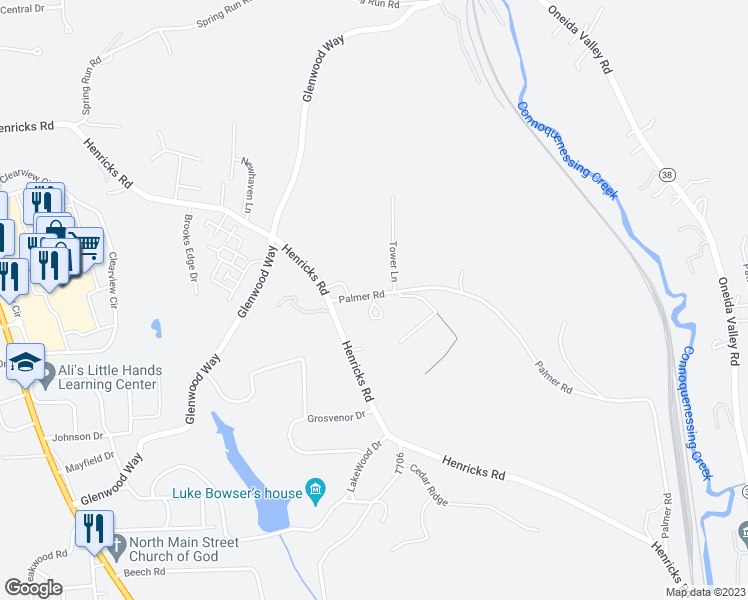 map of restaurants, bars, coffee shops, grocery stores, and more near 120 Clearview Meadows in Butler