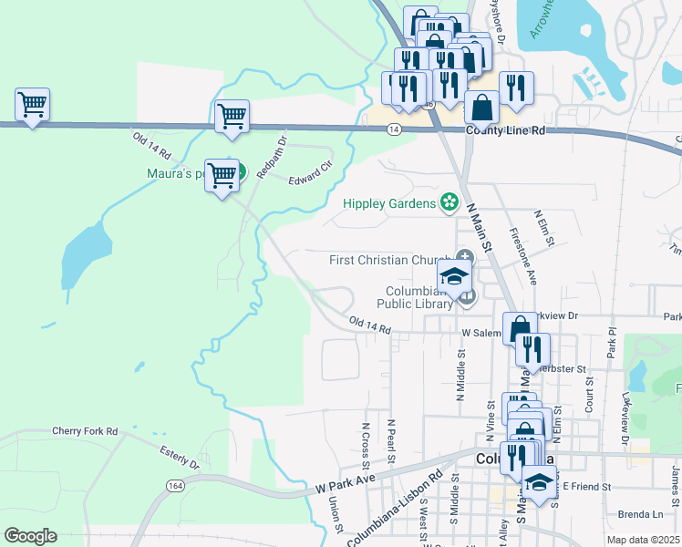 map of restaurants, bars, coffee shops, grocery stores, and more near 42074 Madison Drive in Columbiana