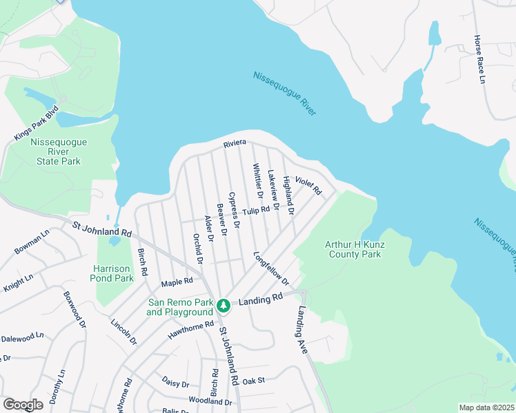 map of restaurants, bars, coffee shops, grocery stores, and more near 40 Tulip Road in Kings Park
