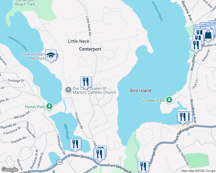 map of restaurants, bars, coffee shops, grocery stores, and more near 19 Sea Spray Drive in Centerport