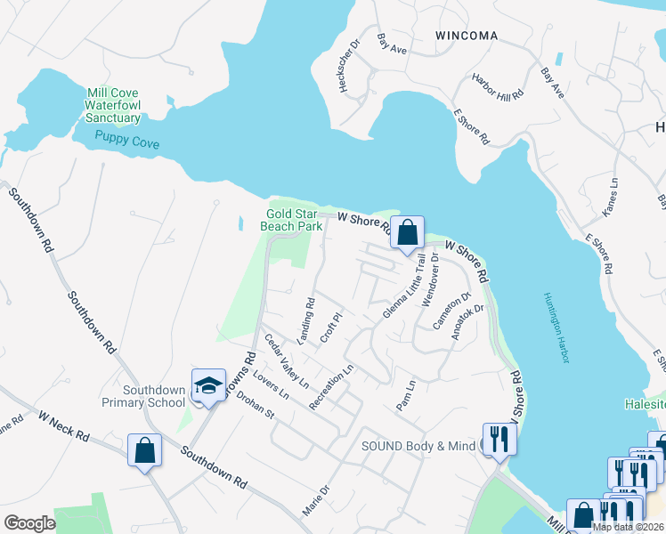 map of restaurants, bars, coffee shops, grocery stores, and more near 32 Landing Road in Huntington