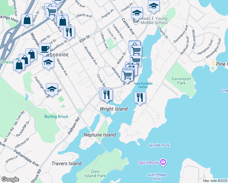 map of restaurants, bars, coffee shops, grocery stores, and more near 25 Shady Glen Court in New Rochelle