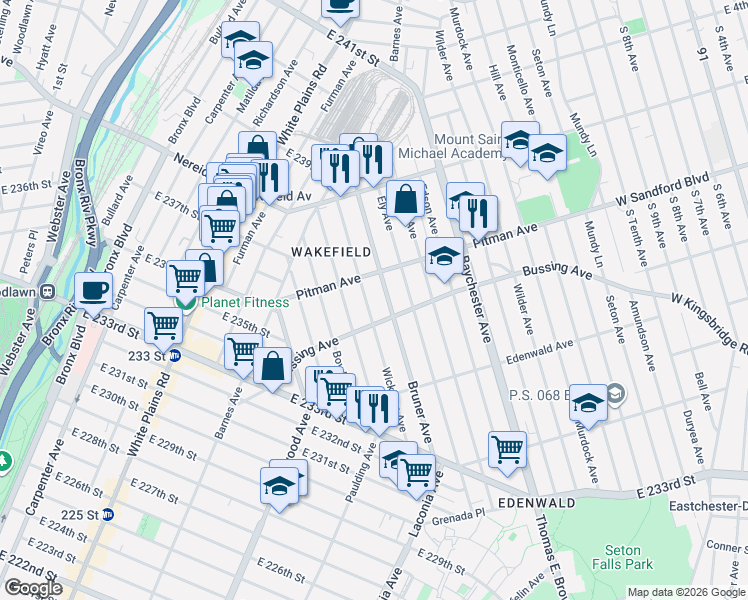 map of restaurants, bars, coffee shops, grocery stores, and more near 4213 Wickham Avenue in Bronx