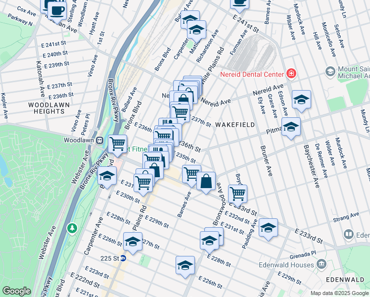 map of restaurants, bars, coffee shops, grocery stores, and more near 724 East 235th Street in Bronx