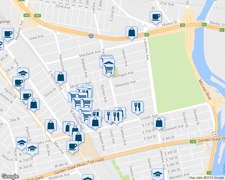 map of restaurants, bars, coffee shops, grocery stores, and more near 348 Trenton Avenue in Paterson