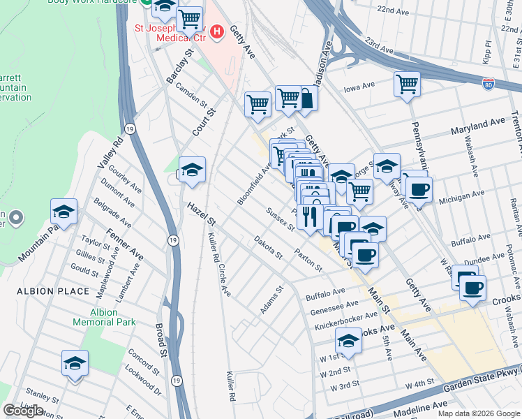 map of restaurants, bars, coffee shops, grocery stores, and more near 309 Paxton Street in Paterson