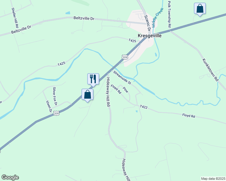 map of restaurants, bars, coffee shops, grocery stores, and more near 108 Floyd Road in Kunkletown