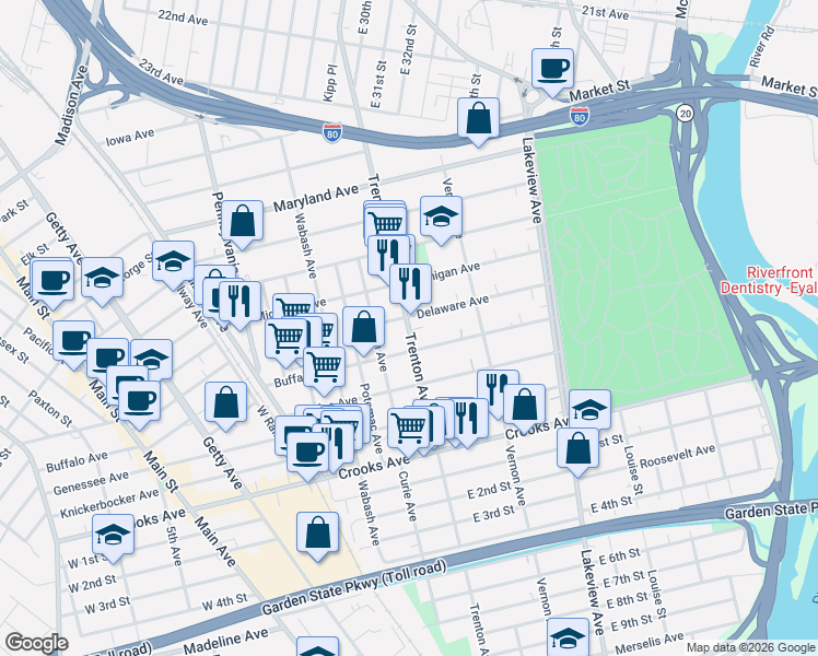 map of restaurants, bars, coffee shops, grocery stores, and more near 348 Trenton Avenue in Paterson