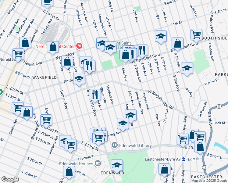 map of restaurants, bars, coffee shops, grocery stores, and more near 4127A Hill Avenue in The Bronx