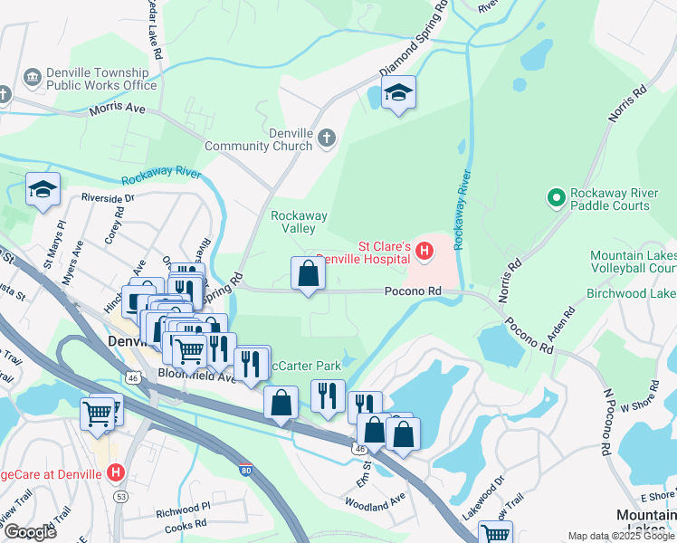 map of restaurants, bars, coffee shops, grocery stores, and more near 19 Pocono Road in Denville