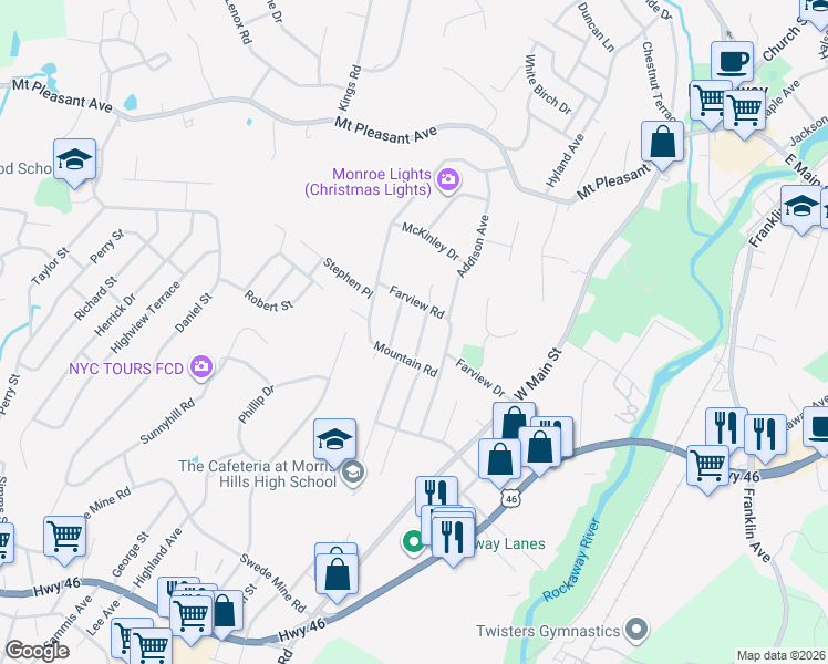 map of restaurants, bars, coffee shops, grocery stores, and more near 18 Valley View Road in Rockaway