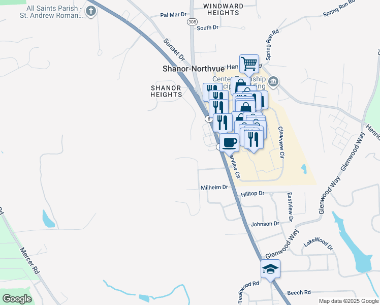 map of restaurants, bars, coffee shops, grocery stores, and more near 110 Summit Road in Butler