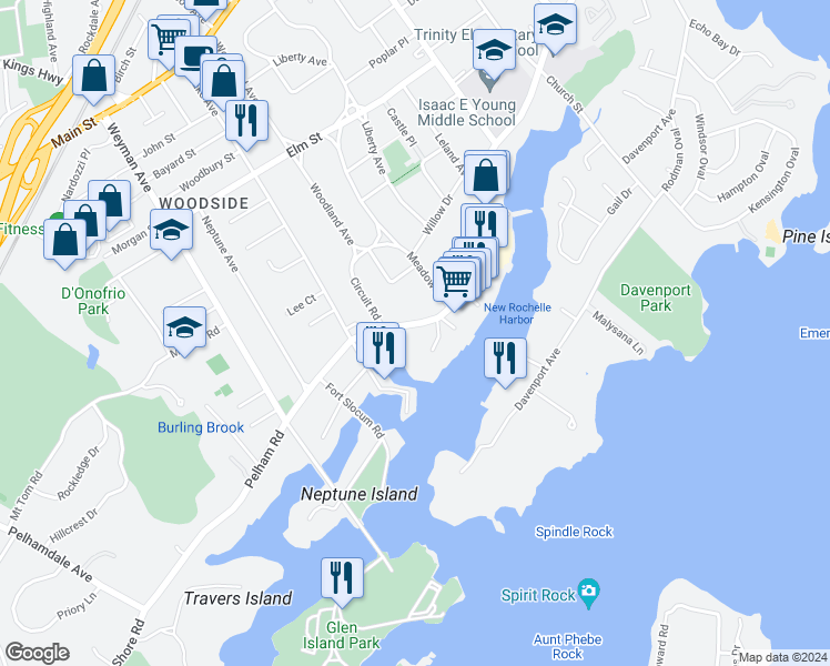 map of restaurants, bars, coffee shops, grocery stores, and more near 470 Pelham Road in New Rochelle