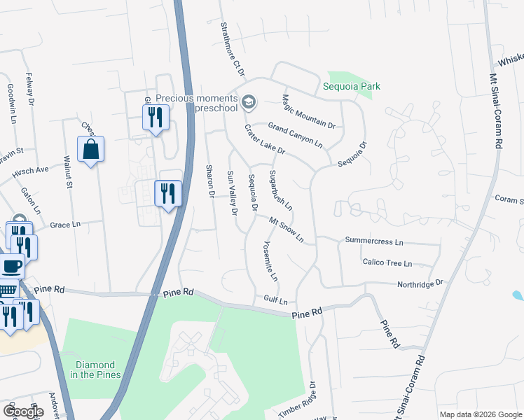 map of restaurants, bars, coffee shops, grocery stores, and more near 156 Sequoia Drive in Coram