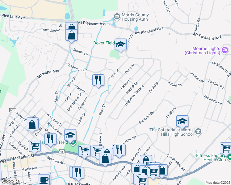 map of restaurants, bars, coffee shops, grocery stores, and more near 495 Herrick Drive in Dover