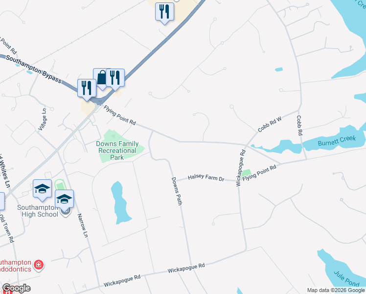 map of restaurants, bars, coffee shops, grocery stores, and more near 221 Flying Point Road in Southampton