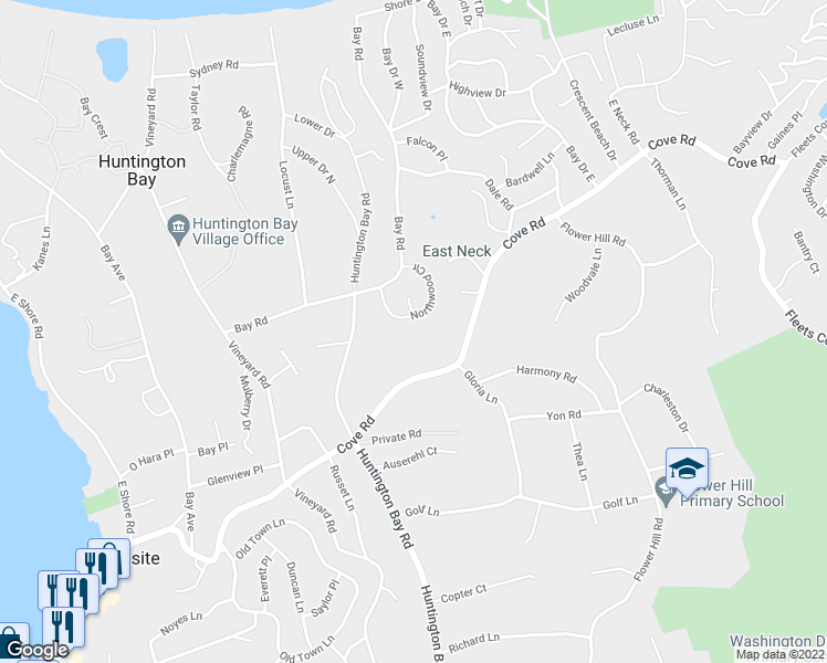 map of restaurants, bars, coffee shops, grocery stores, and more near 43 Cove Road in Huntington