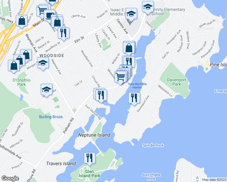 map of restaurants, bars, coffee shops, grocery stores, and more near 25 Shady Glen Court in New Rochelle