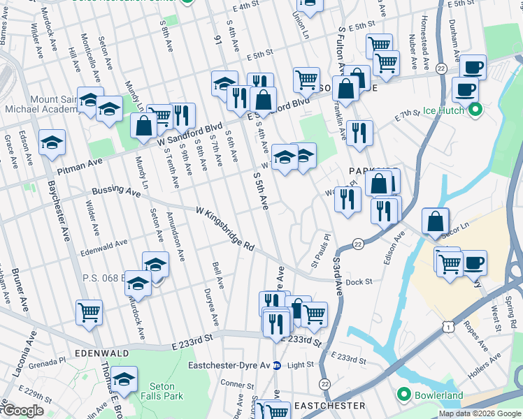 map of restaurants, bars, coffee shops, grocery stores, and more near 671 South 5th Avenue in Mount Vernon