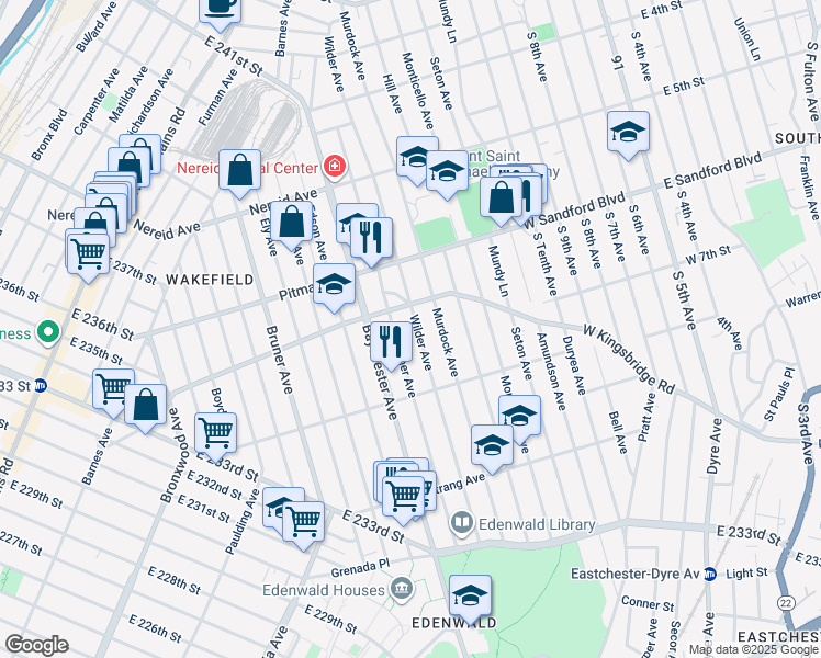 map of restaurants, bars, coffee shops, grocery stores, and more near 4149 De Reimer Avenue in Bronx