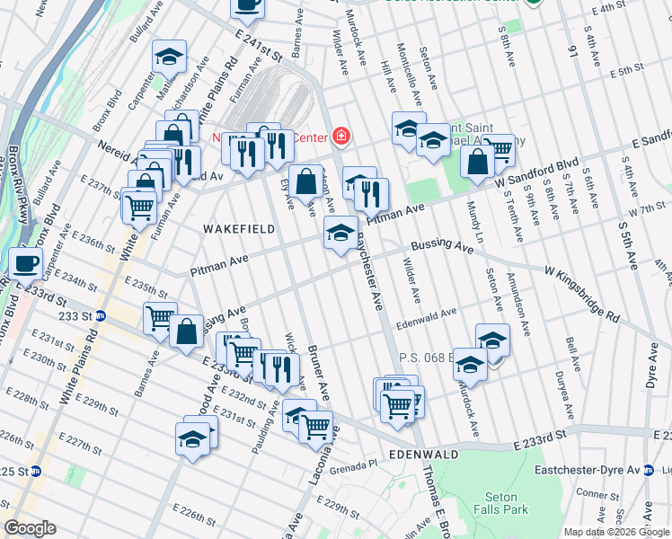 map of restaurants, bars, coffee shops, grocery stores, and more near 4169 Grace Avenue in Bronx