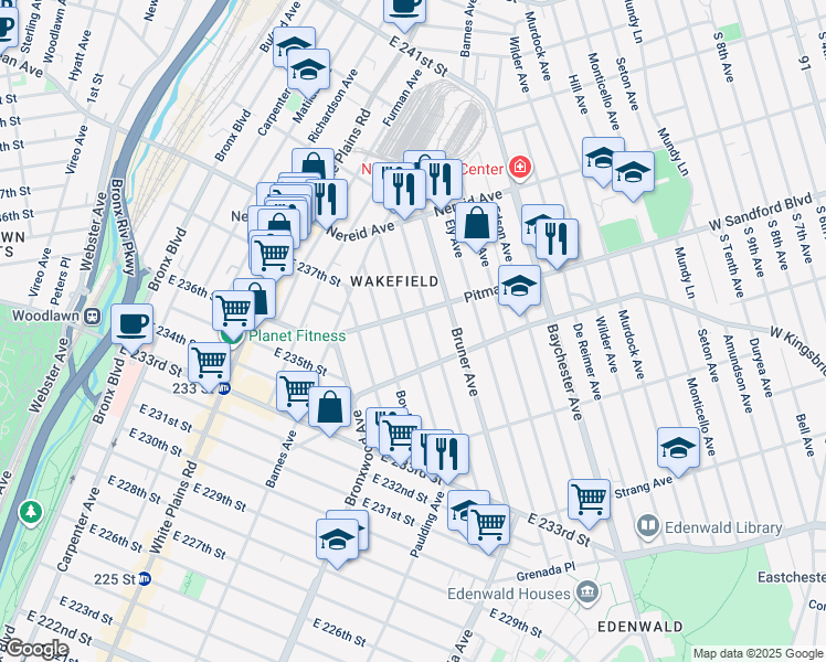 map of restaurants, bars, coffee shops, grocery stores, and more near 4213 Wickham Avenue in Bronx