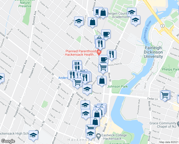 map of restaurants, bars, coffee shops, grocery stores, and more near 43 Clinton Place in Hackensack