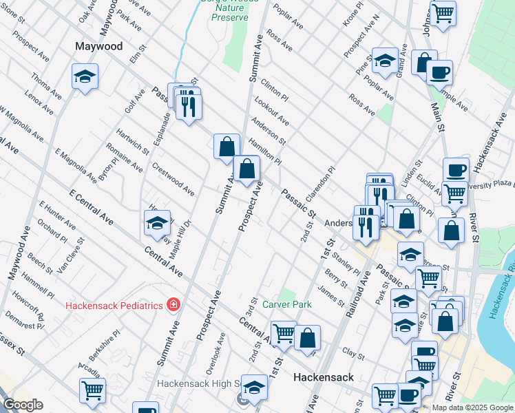 map of restaurants, bars, coffee shops, grocery stores, and more near 350 Prospect Avenue in Hackensack