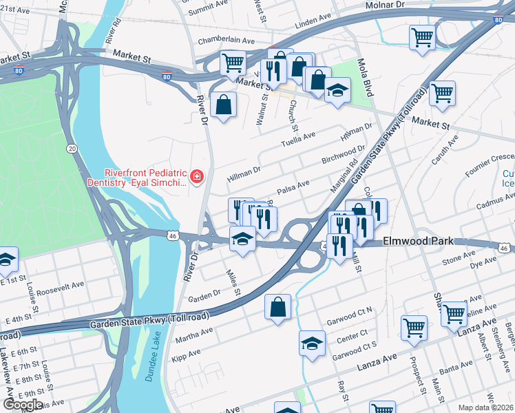 map of restaurants, bars, coffee shops, grocery stores, and more near 98 Fencsak Avenue in Elmwood Park