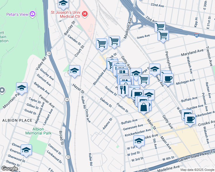 map of restaurants, bars, coffee shops, grocery stores, and more near 343 Sussex Street in Paterson
