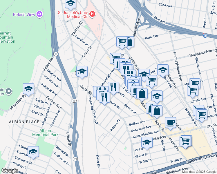 map of restaurants, bars, coffee shops, grocery stores, and more near 309 Paxton Street in Paterson