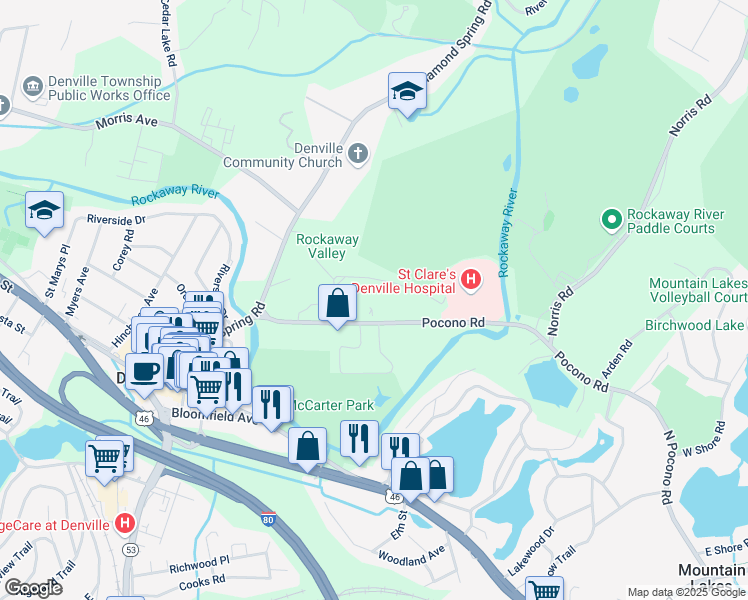 map of restaurants, bars, coffee shops, grocery stores, and more near 19 Pocono Road in Denville