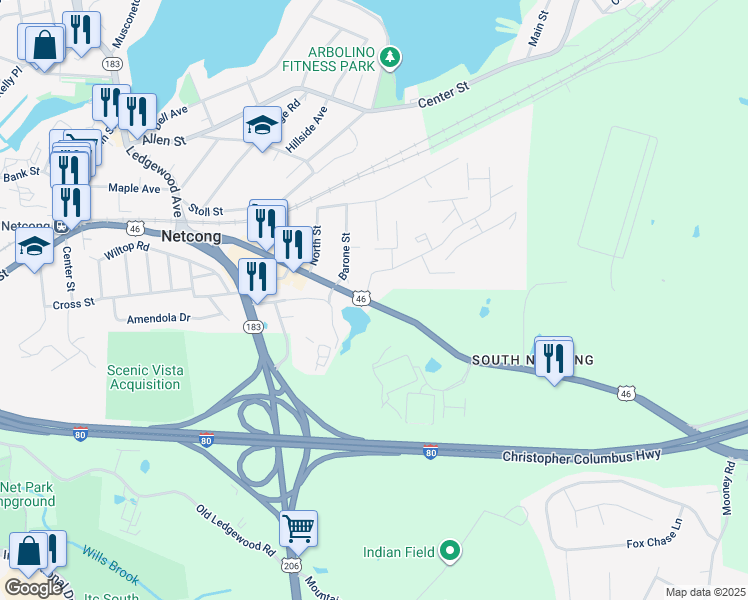 map of restaurants, bars, coffee shops, grocery stores, and more near 1800 Route 46 in Roxbury Township