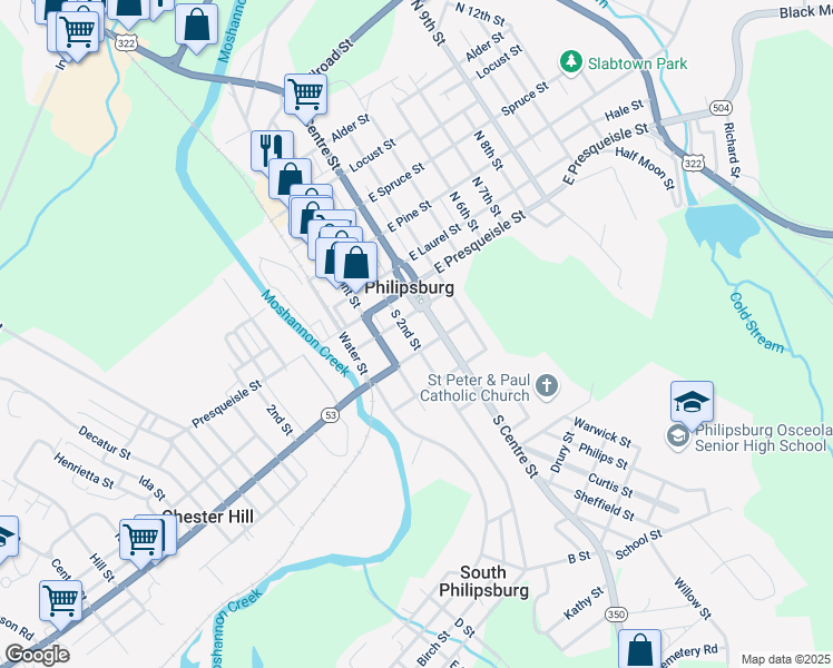 map of restaurants, bars, coffee shops, grocery stores, and more near 115 East Maple Street in Philipsburg