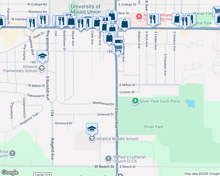 map of restaurants, bars, coffee shops, grocery stores, and more near 2811 South Union Avenue in Alliance