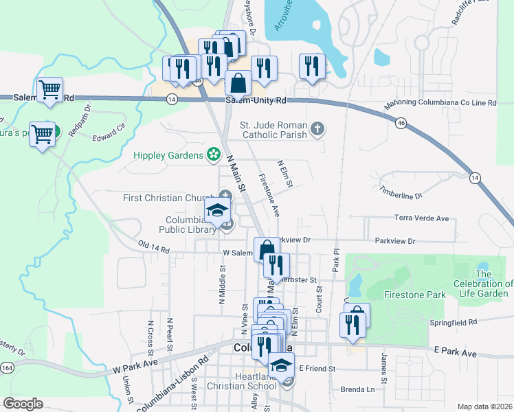 map of restaurants, bars, coffee shops, grocery stores, and more near 352 North Main Street in Columbiana