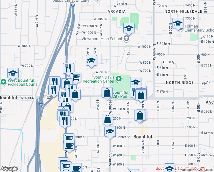 map of restaurants, bars, coffee shops, grocery stores, and more near 499 North 200 West in Bountiful