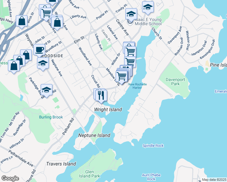 map of restaurants, bars, coffee shops, grocery stores, and more near 25 Shady Glen Court in New Rochelle
