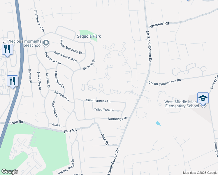 map of restaurants, bars, coffee shops, grocery stores, and more near 14 Pheasant Trail in Coram