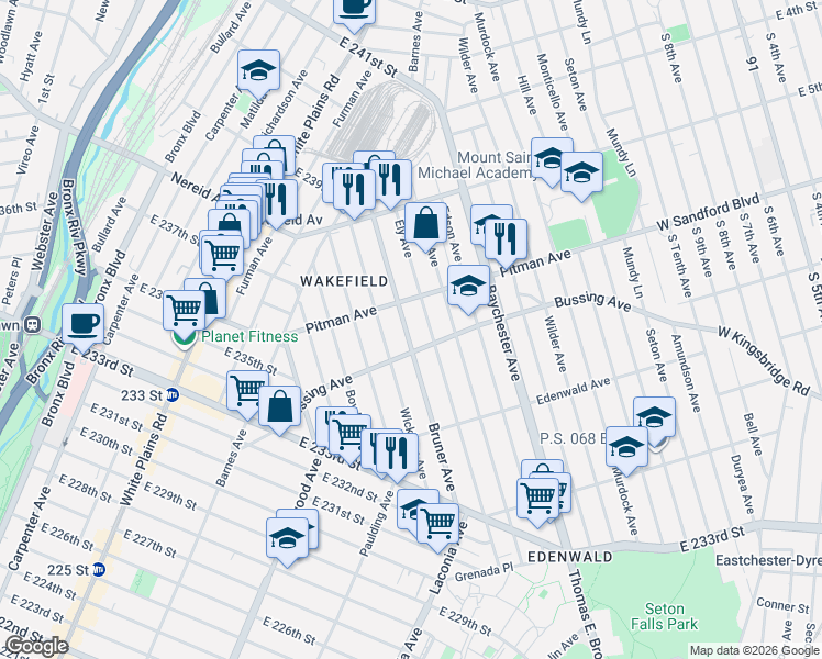 map of restaurants, bars, coffee shops, grocery stores, and more near 1825 Bussing Avenue in Bronx