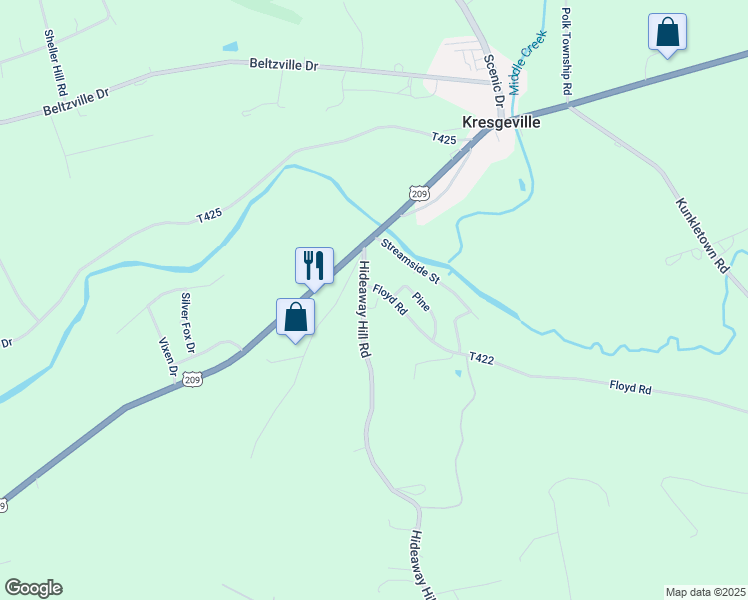 map of restaurants, bars, coffee shops, grocery stores, and more near 108 Floyd Road in Kunkletown