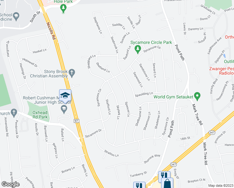 map of restaurants, bars, coffee shops, grocery stores, and more near 39 Skylark Lane in Stony Brook