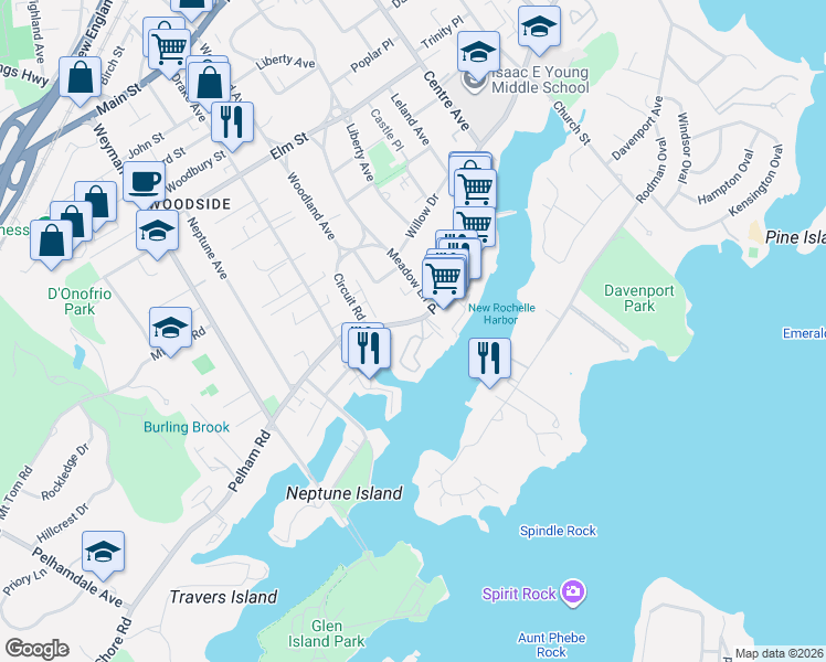 map of restaurants, bars, coffee shops, grocery stores, and more near 450 Pelham Road in New Rochelle