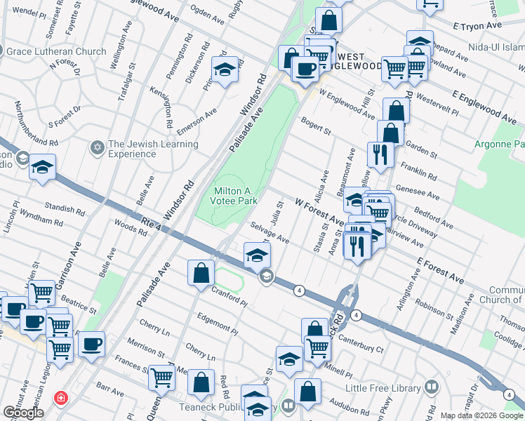 map of restaurants, bars, coffee shops, grocery stores, and more near 185 Selvage Avenue in Teaneck